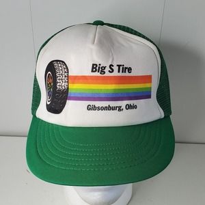 VTG Big S Tire Gibsonburg Ohio Snapback Hat Mesh Back Trucker Cap USA Rainbow